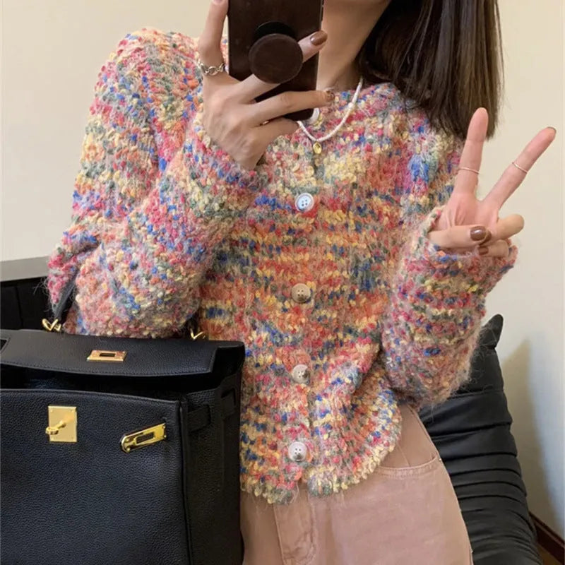 Retro rainbow knitted cardigan in pink toothbrush hair acrylic fabric