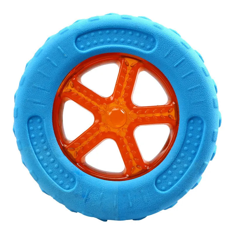 Set of three floating dog toys: blue ball, red barbell, and orange tyre with squeakers