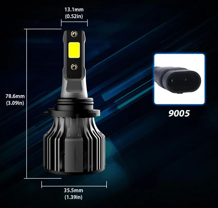 6000K white LED car headlight bulb kit showing compact size and connector for H7 H11 9005 fitments