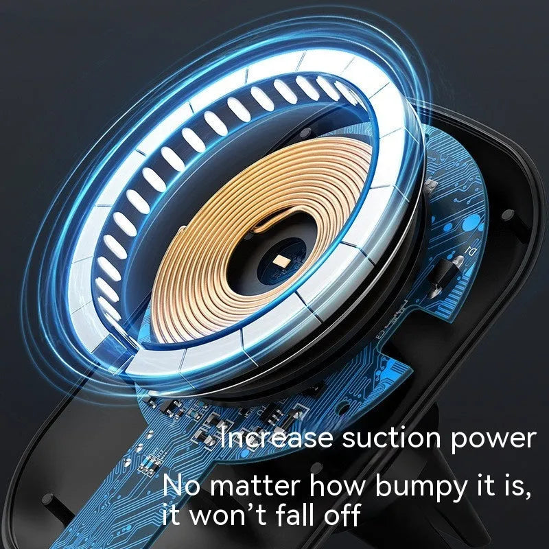 Black magnetic car wireless charger with air vent mount and centre console base for 15W phone charging