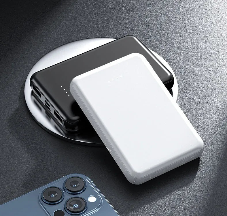 Compact black or white power bank for electric heating vests, showing 97mm x 64mm dimensions