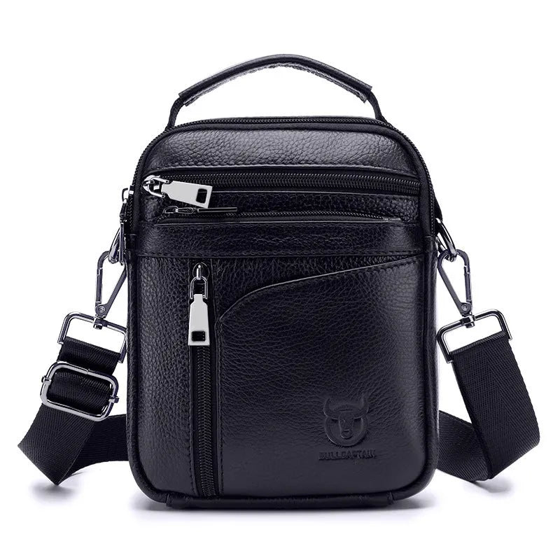 Men's black genuine leather shoulder messenger bag with retro styling