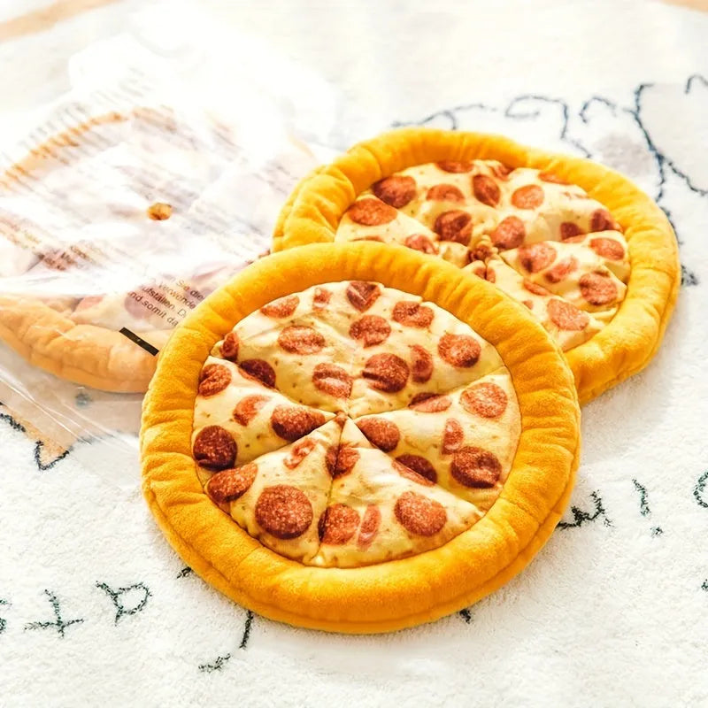 Yellow teddy bear dog toy holding pizza slice squeaky chew toy