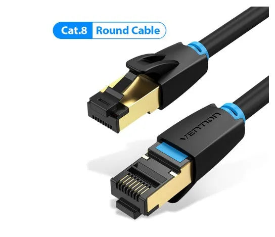 A shielded CAT8 Ethernet network cable with RJ45 connectors, shown in both flat and round style options.