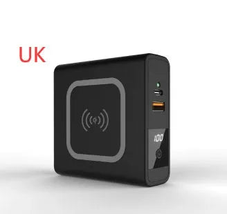 Black and white portable power bank with PD20W fast charging, wireless function, and built-in international plug adapters.