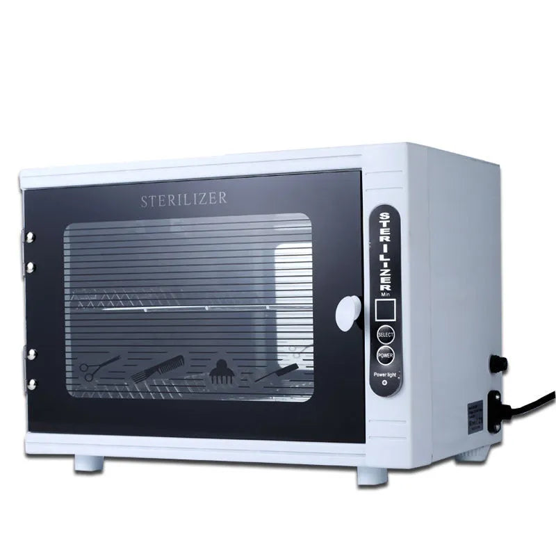 Silver portable UV steriliser machine with stainless steel interior for salon tool sanitisation