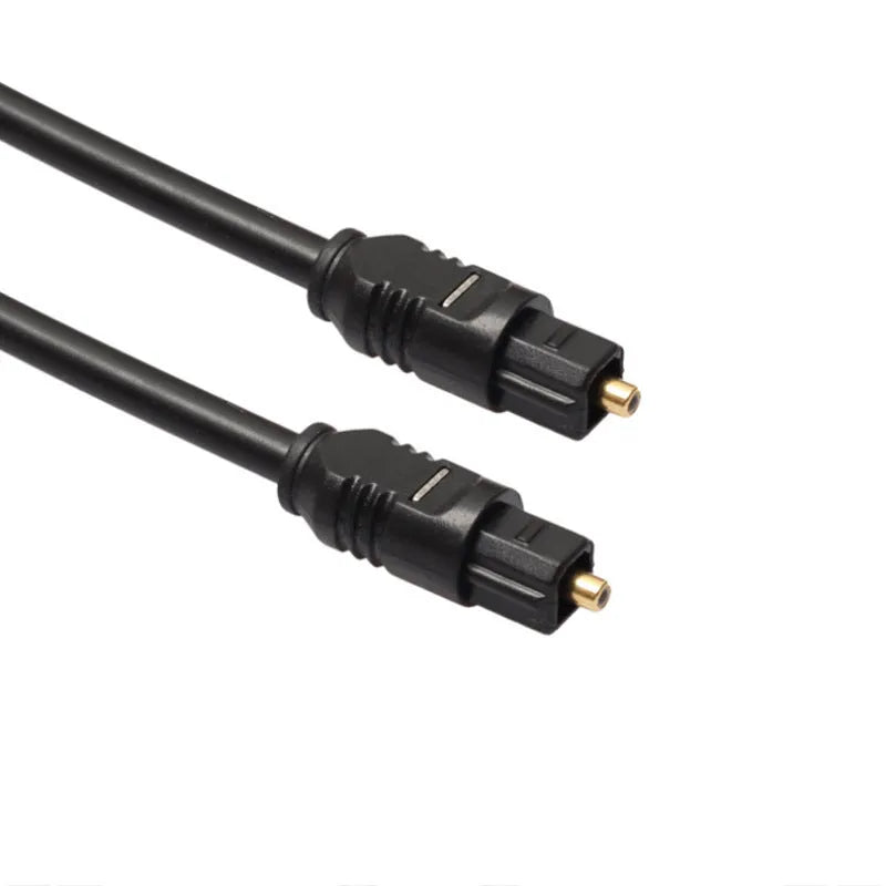 Black Toslink fibre optic audio cable with square connectors showing 2 metre length