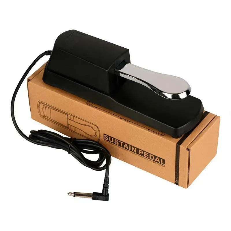 A single universal sustain pedal for electronic keyboards made from black ABS plastic with a rubber anti-slip base.