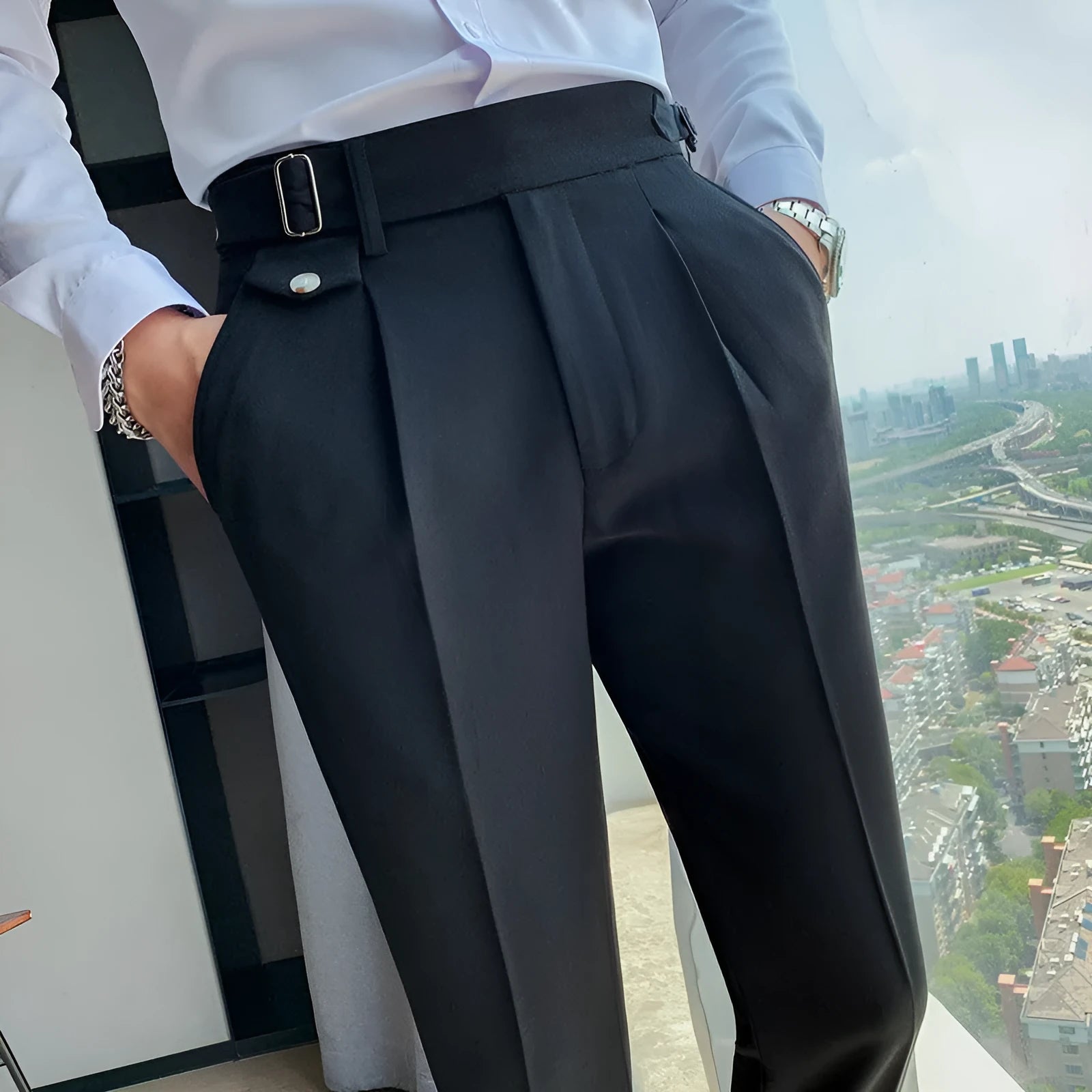A pair of men's straight-leg casual trousers in a solid colour, laid flat to show the classic cut and polyester fabric.