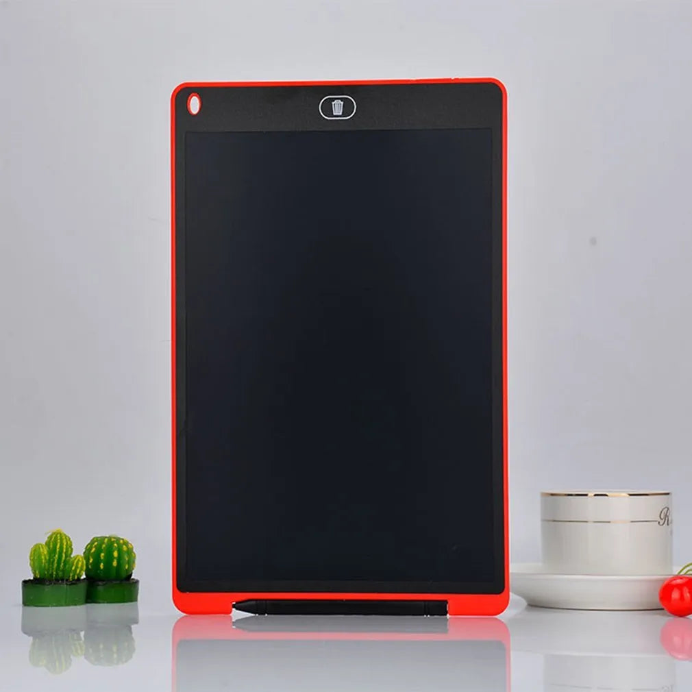 LCD electronic handwriting board for children in blue, with stylus pen, showing drawn shapes on screen.