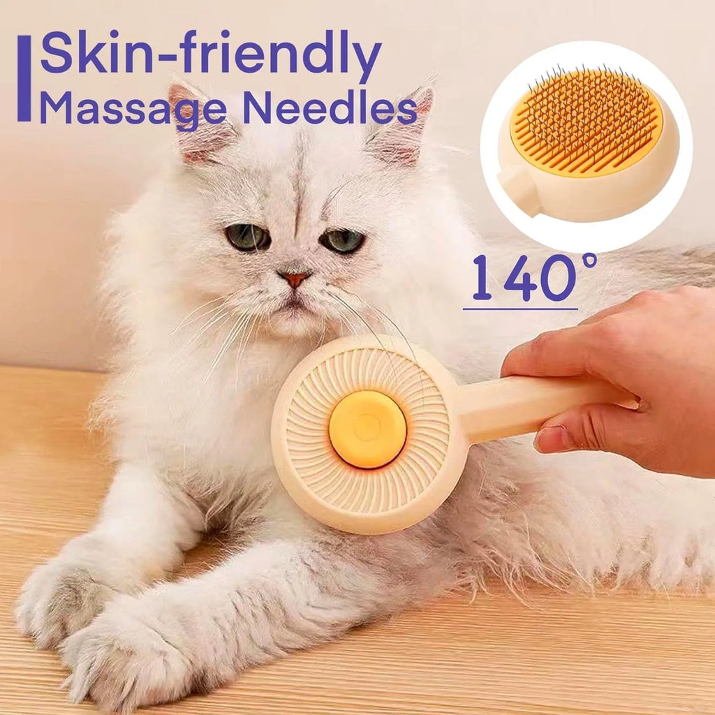 Blue pet grooming brush with self-cleaning button and angled metal needles