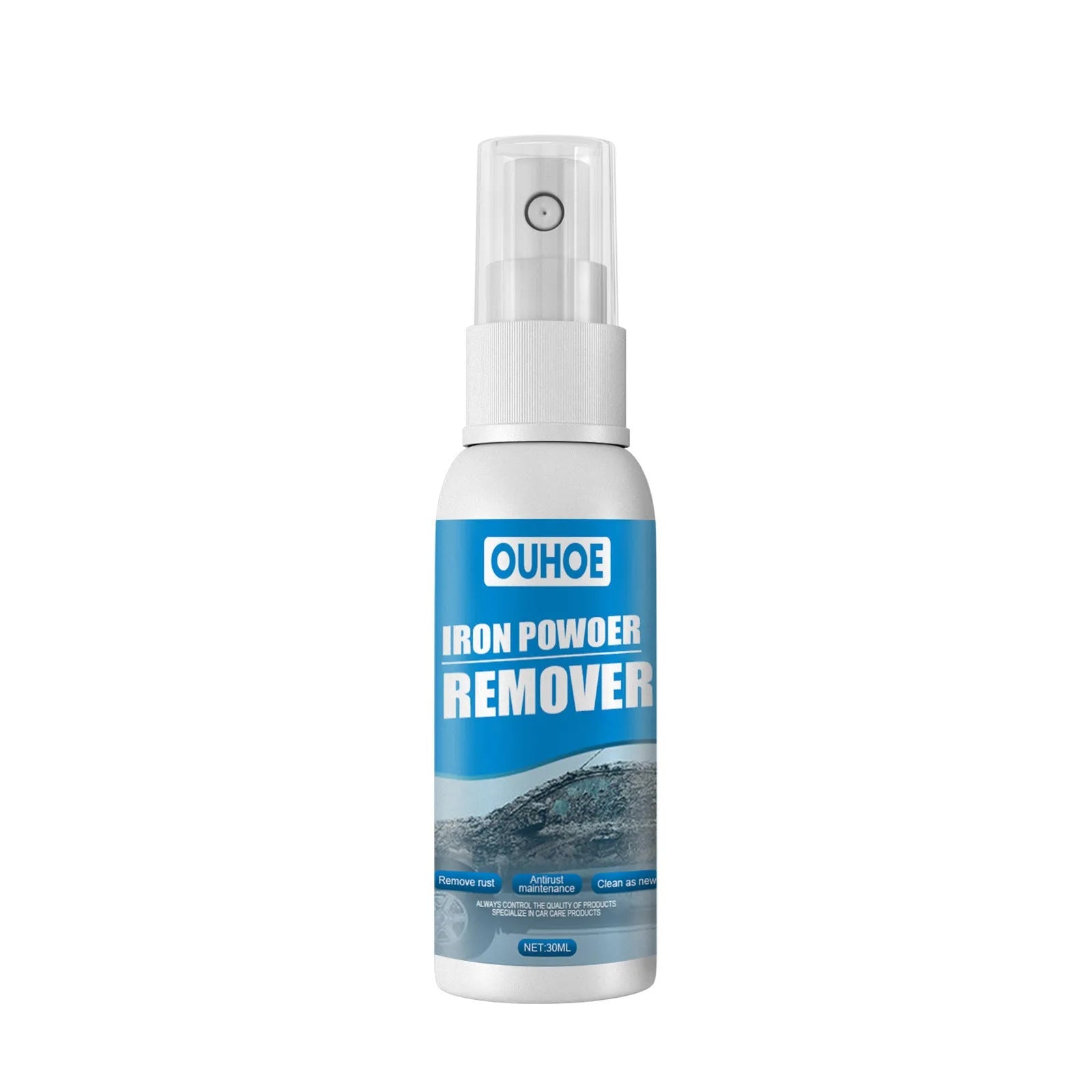 Automotive iron powder remover spray bottle with blue square sponge on car surface