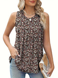 Black plus-size floral print sleeveless vest on a hanger, showing round neck and loose fit.