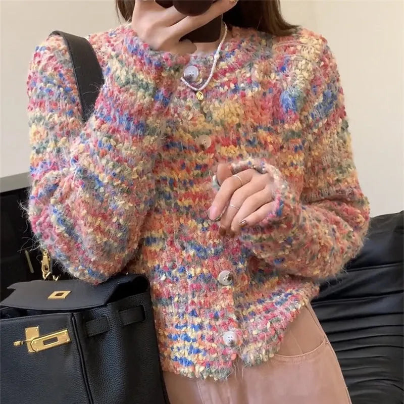 Retro rainbow knitted cardigan in pink toothbrush hair acrylic fabric