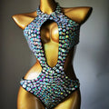 Women's black mesh diamond one-piece swimsuit on a model