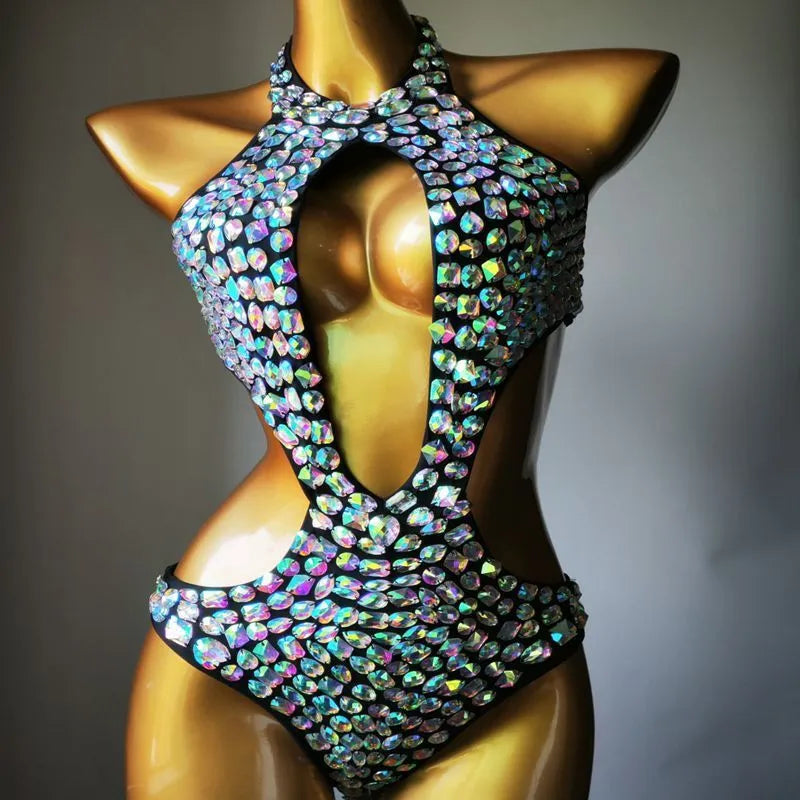 Women's black mesh diamond one-piece swimsuit on a model