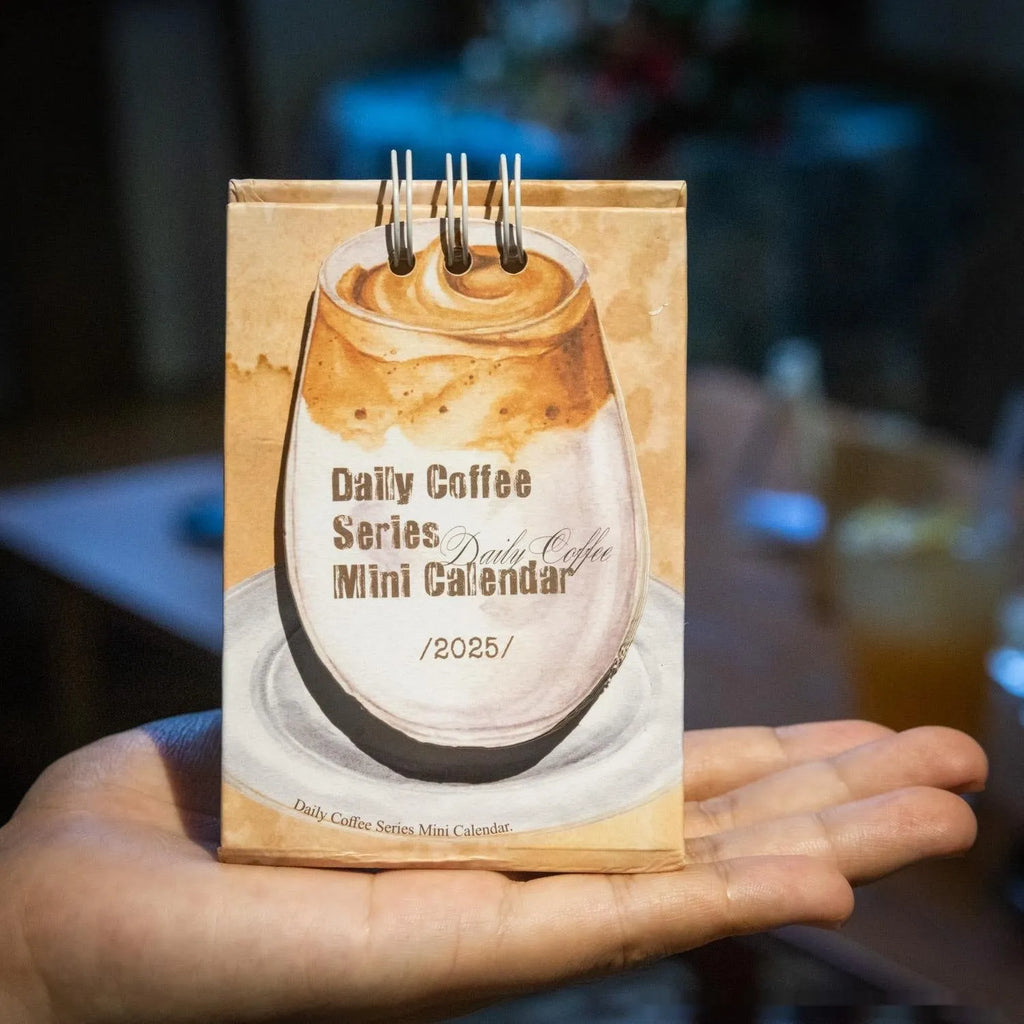 Coffee-themed 2025 mini desk calendar showing four simple modern design options