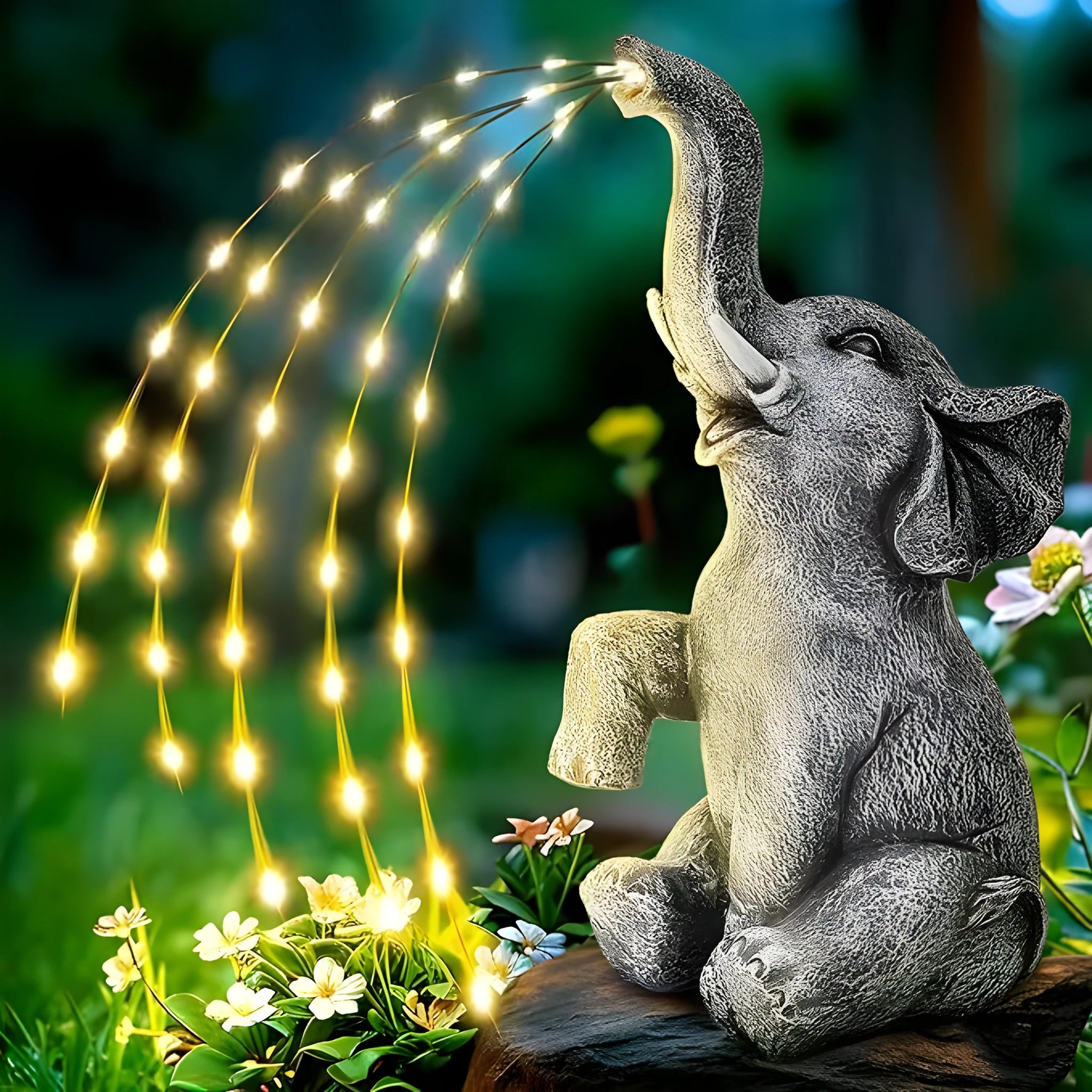 Resin elephant outdoor garden sculpture with realistic detailing and integrated LED lighting strip