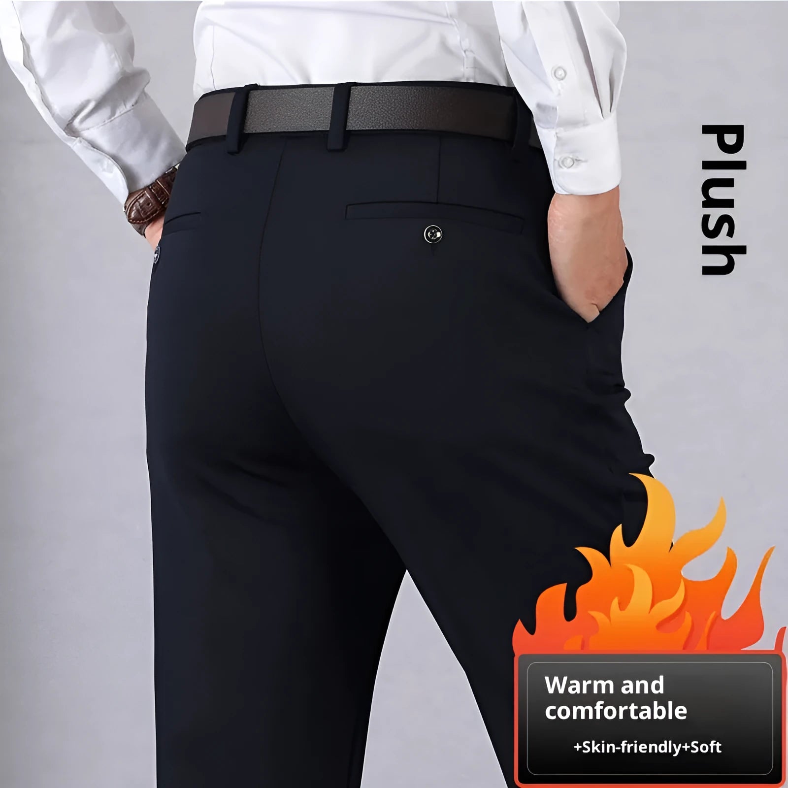 Elastic dad suit trousers for middle-aged elderly men, high waist loose fit, solid colour polyester, black, size 34