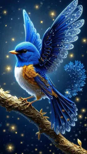 Handmade DIY diamond painting kit showing Blue Bird design on 60x100cm acrylic canvas with rhinestones.