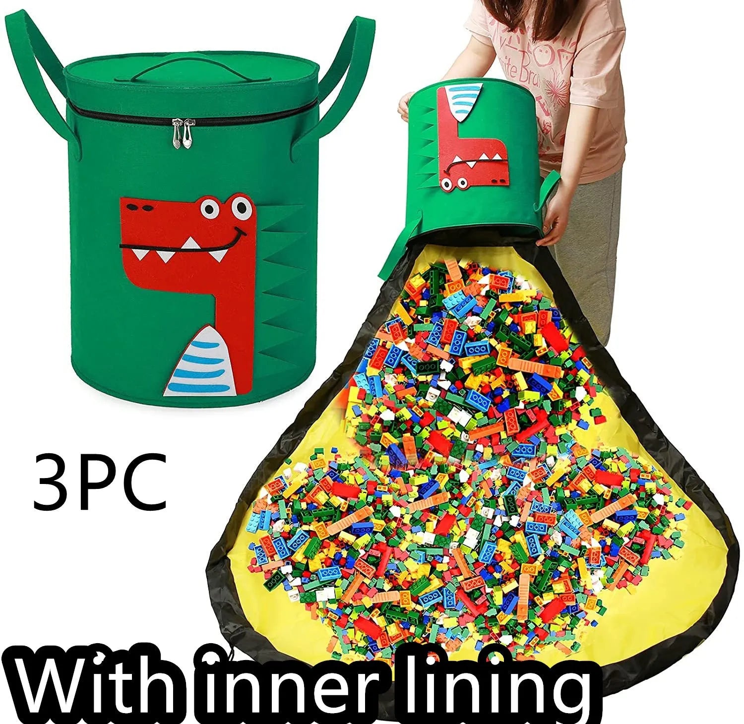 Green felt cube storage bag with pull rope open as a floor play mat for toys.
