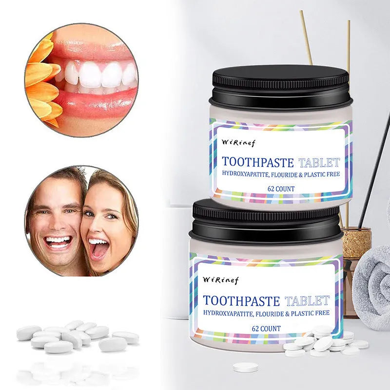 Pack of 62 white solid chewable toothpaste tablets for portable oral cleaning.