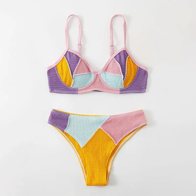 Ladies sleeveless push-up bikini set with steel bracket stitching and backpack fastening in splicing colours