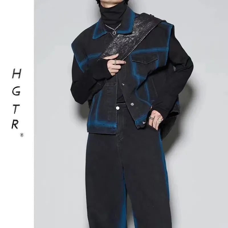 Fleece-lined spray colour gradient distressed vest and jeans two-piece set in blue or black colour options