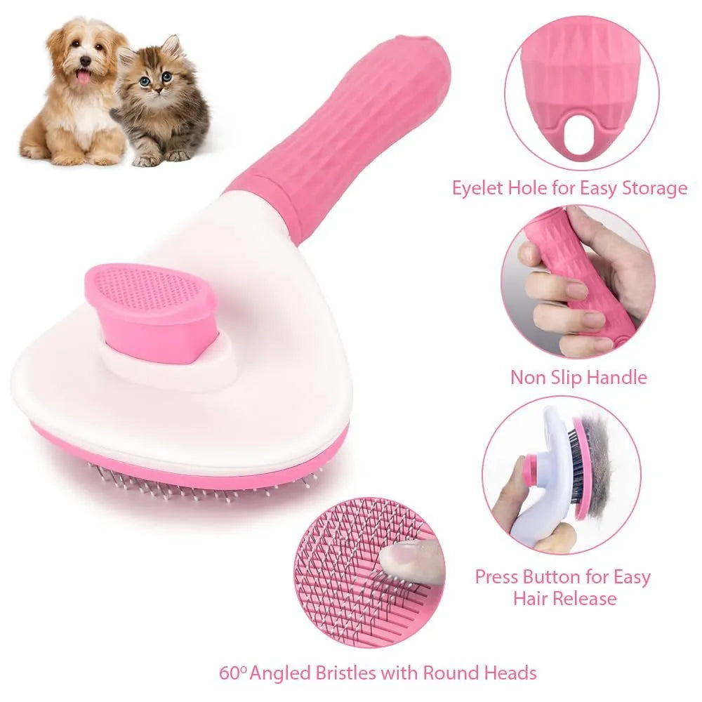 Cat brush with release button in blue, grey, or pink colour for pet hair removal