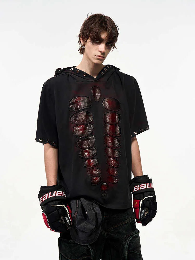 Black men's hooded short-sleeved t-shirt with sequin detailing and loose-fit design