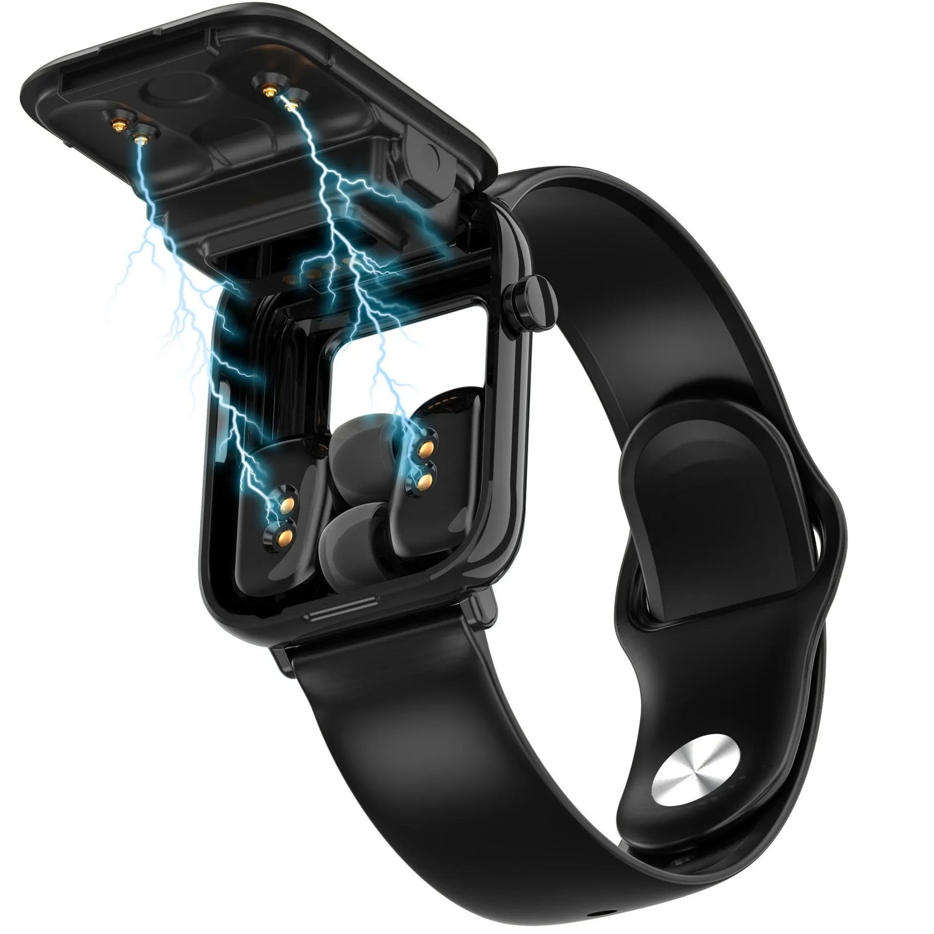 Black all-touch smartwatch with integrated Bluetooth headset charging case, showing 1.69-inch screen.