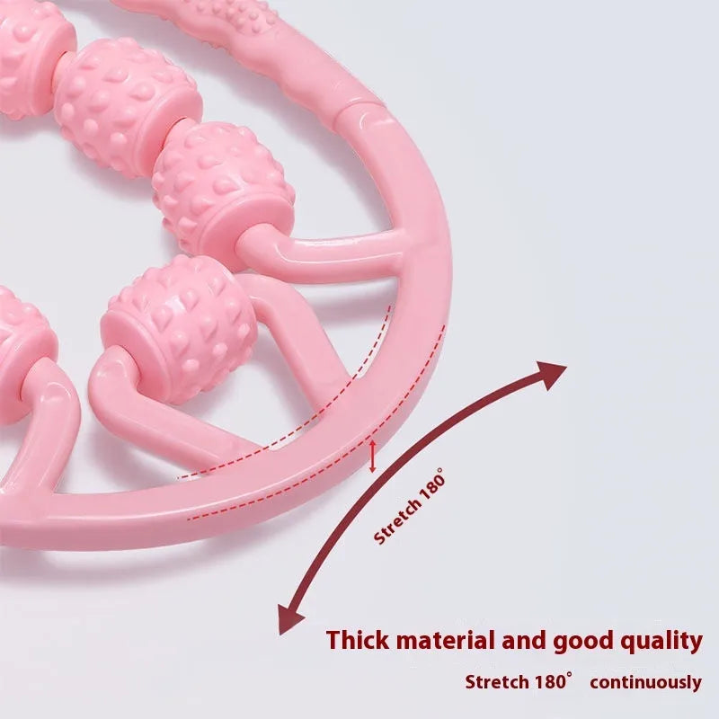 Leg massager roller with ring clip handle showing wheel configurations for muscle relaxation
