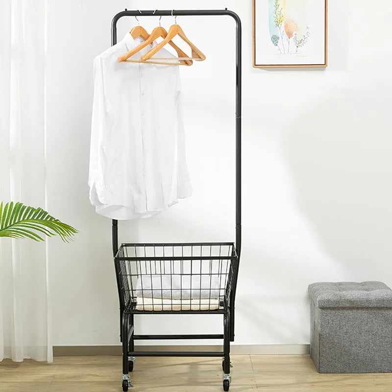 White iron pulley storage car with a single hanging rod for wardrobe organisation.