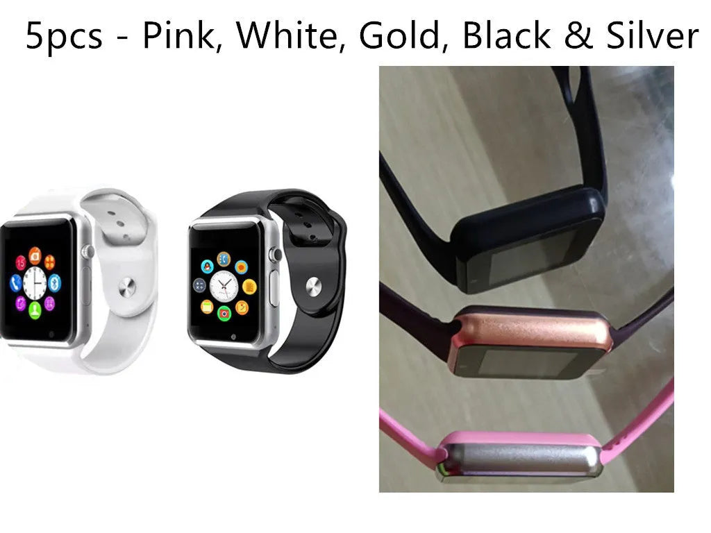 A1 smart watch with 1.54-inch touchscreen display shown in multiple colour options: black, silver, white, gold, pink, red, green, blue.