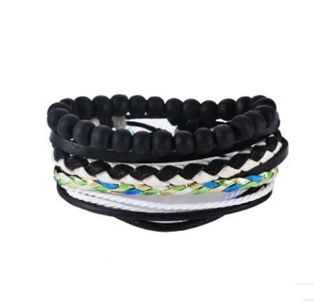 Handmade adjustable leather bracelet with wooden beads and multi-layer wrap design