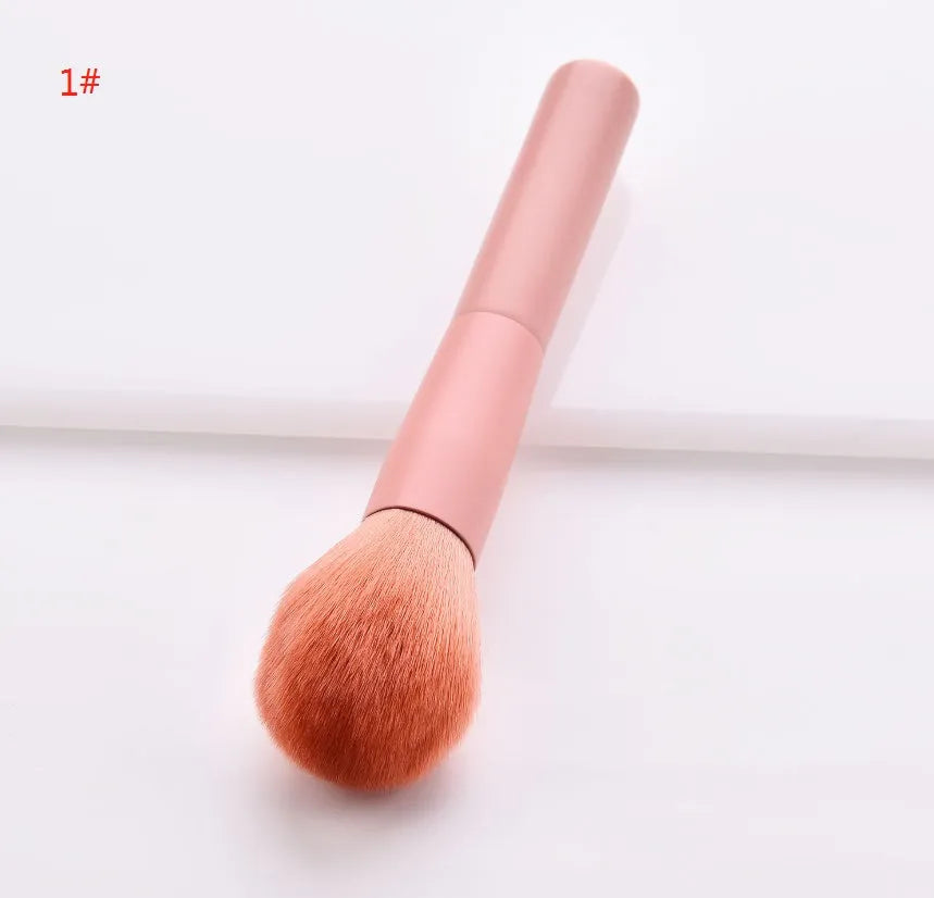 Open case showing 10 pink-handled makeup brushes including loose powder, foundation, flat head, and double-ended brushes.