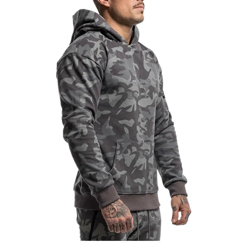 Men's camouflage cotton pullover hoodie in Dark Blue for gym fitness training