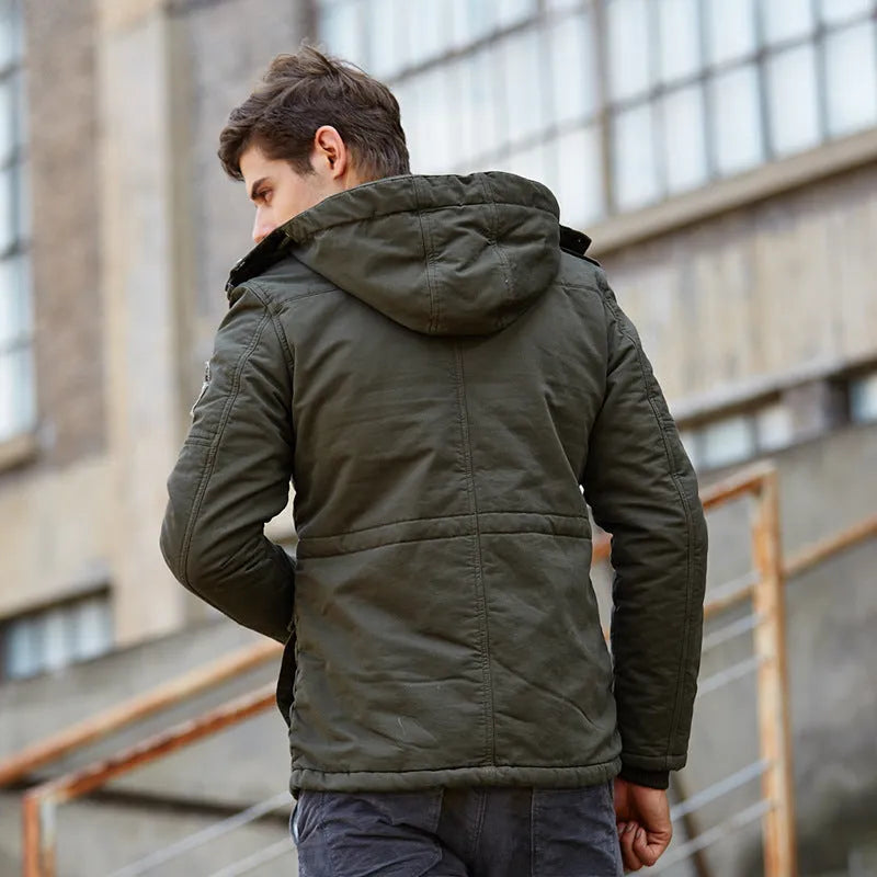 Casual men's cotton hooded jacket in khaki – thick zip-up winter style for youth leisure