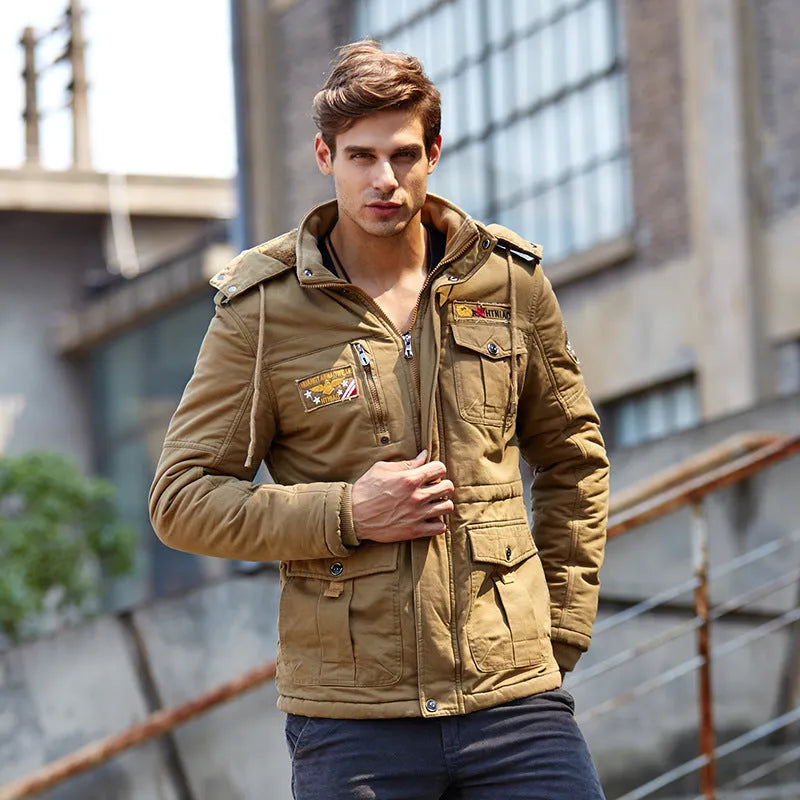 Casual men's cotton hooded jacket in khaki – thick zip-up winter style for youth leisure