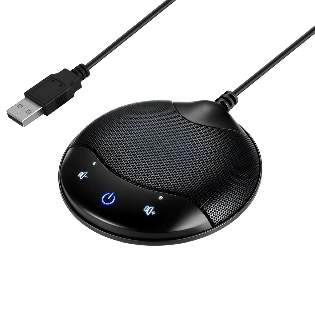 Black USB condenser microphone for conference calls and gaming