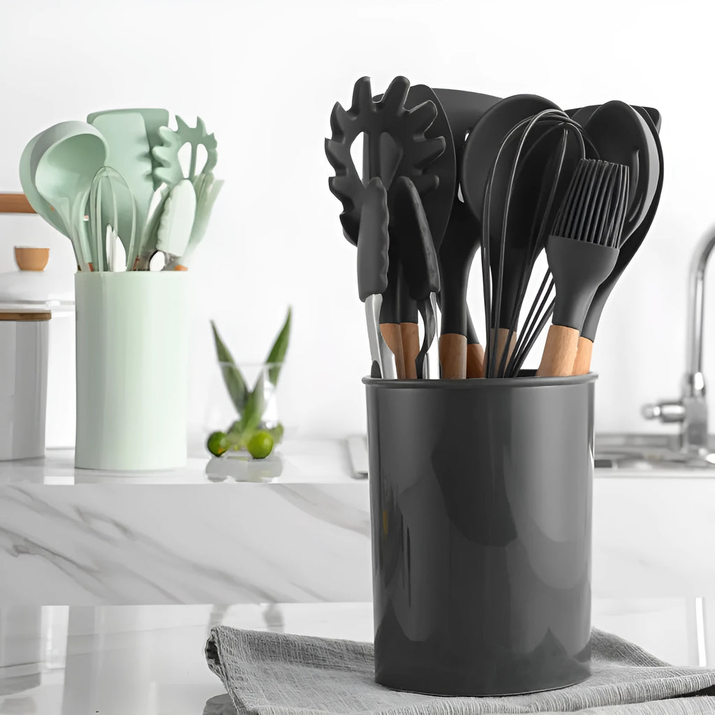 12-piece non-stick silicone kitchenware set with wooden handles in modern simplicity design, various colour box packaging options