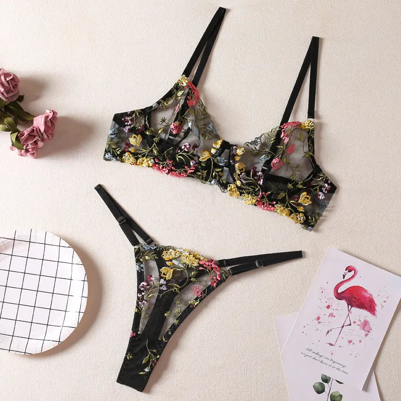 Floral mesh underwear suit with steel ring T-back in skin colour on mannequin