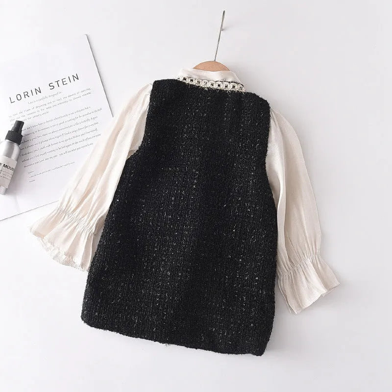 Girls Long Sleeve Princess Dress Polyester Spring Autumn Casual Wear for Middle and Small Children 3-8 Years Old Height 90-140cm Black Stitching Detail