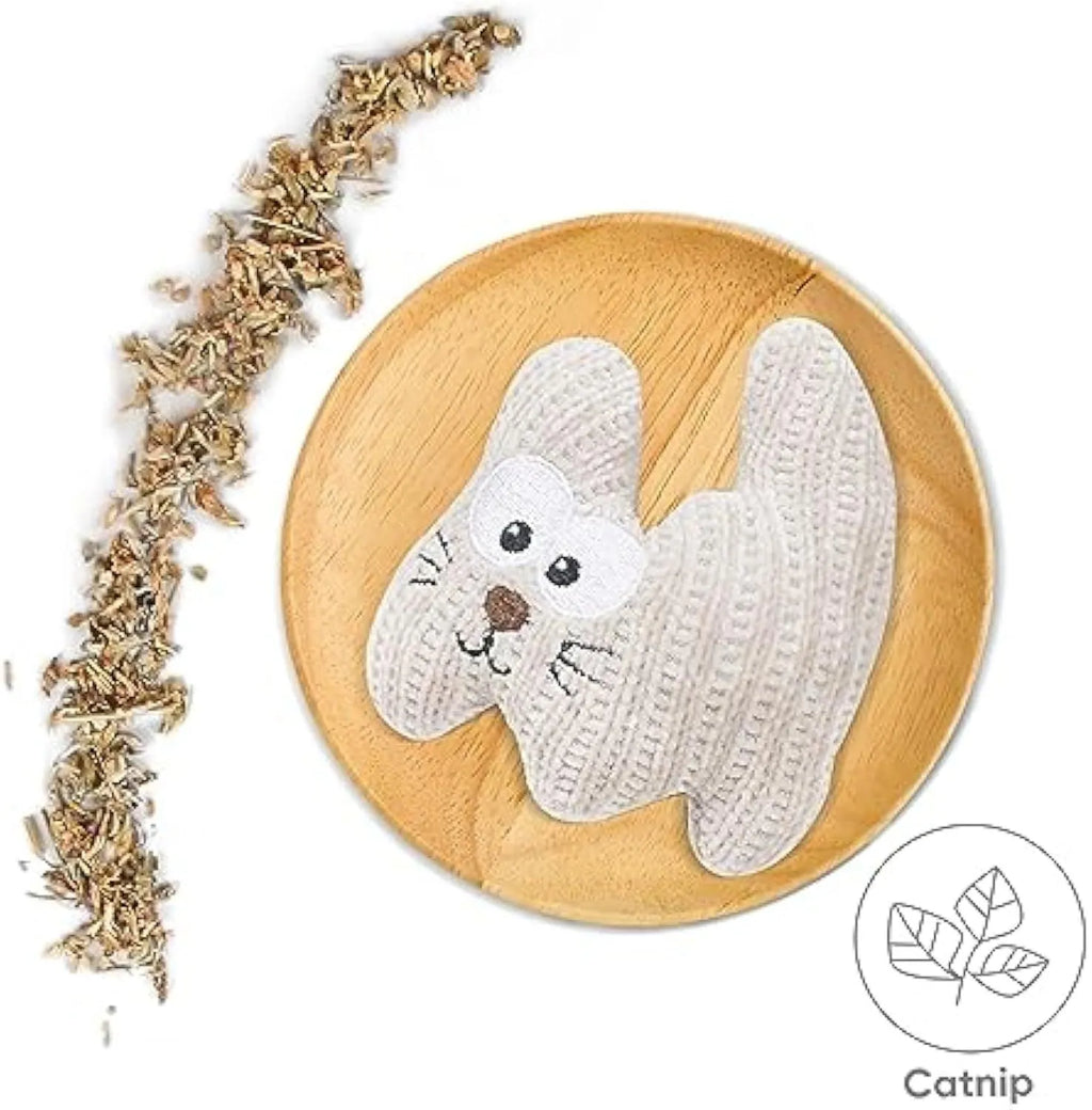 Cyan knitted plush cat toy with bell measuring 12cm by 11cm for cats to chew and play with
