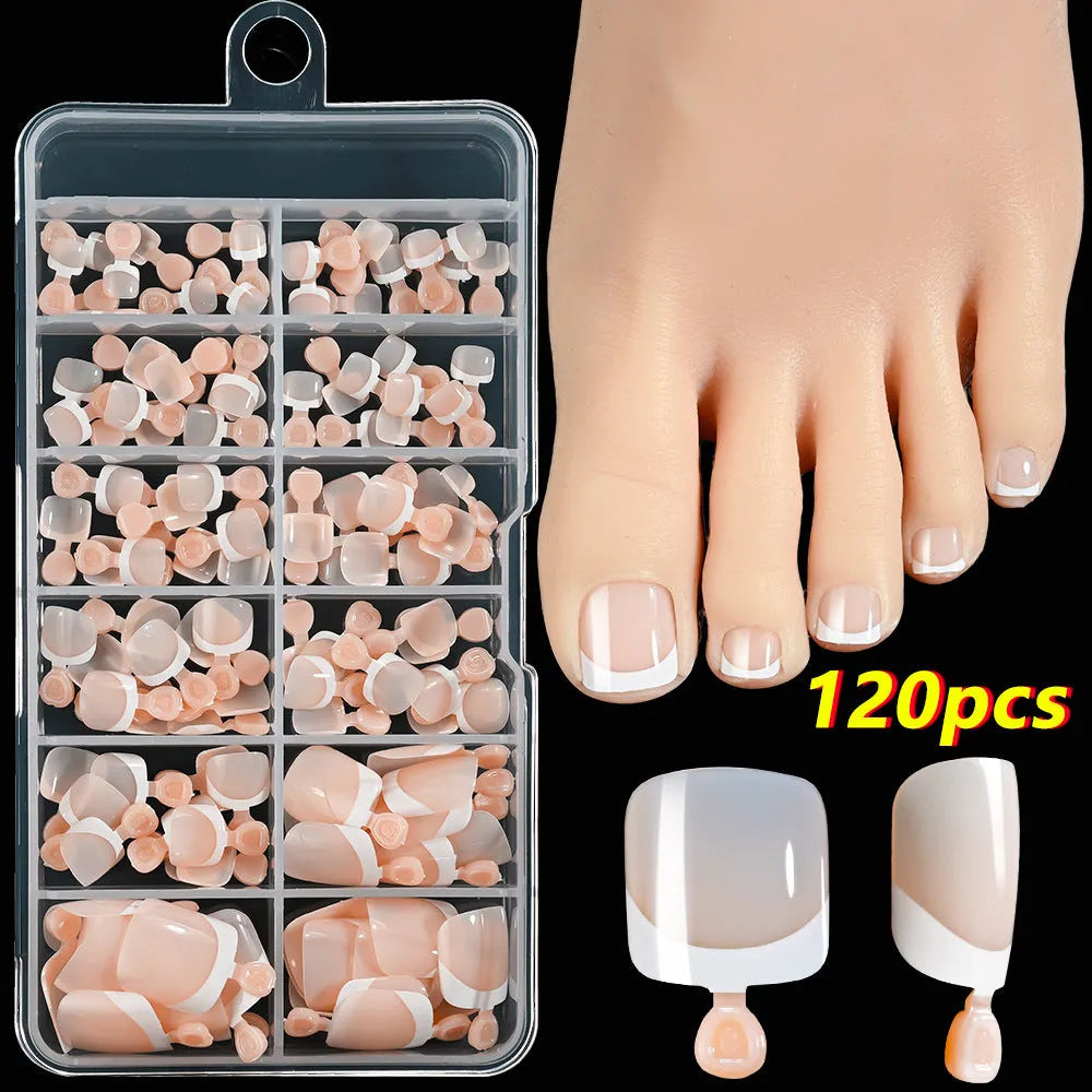 120 French white edge full square short nude nail pieces in a box, showing multiple shades.