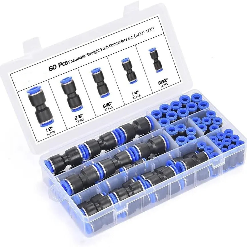 60-piece pneumatic push-in connector set showing R1/4 and R1/2 fittings in alloy plastic