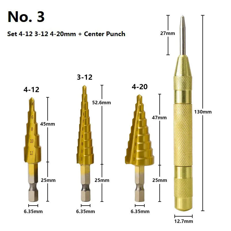 High speed steel step drill bit set with centre punch showing multiple hole sizes from 3mm to 32mm