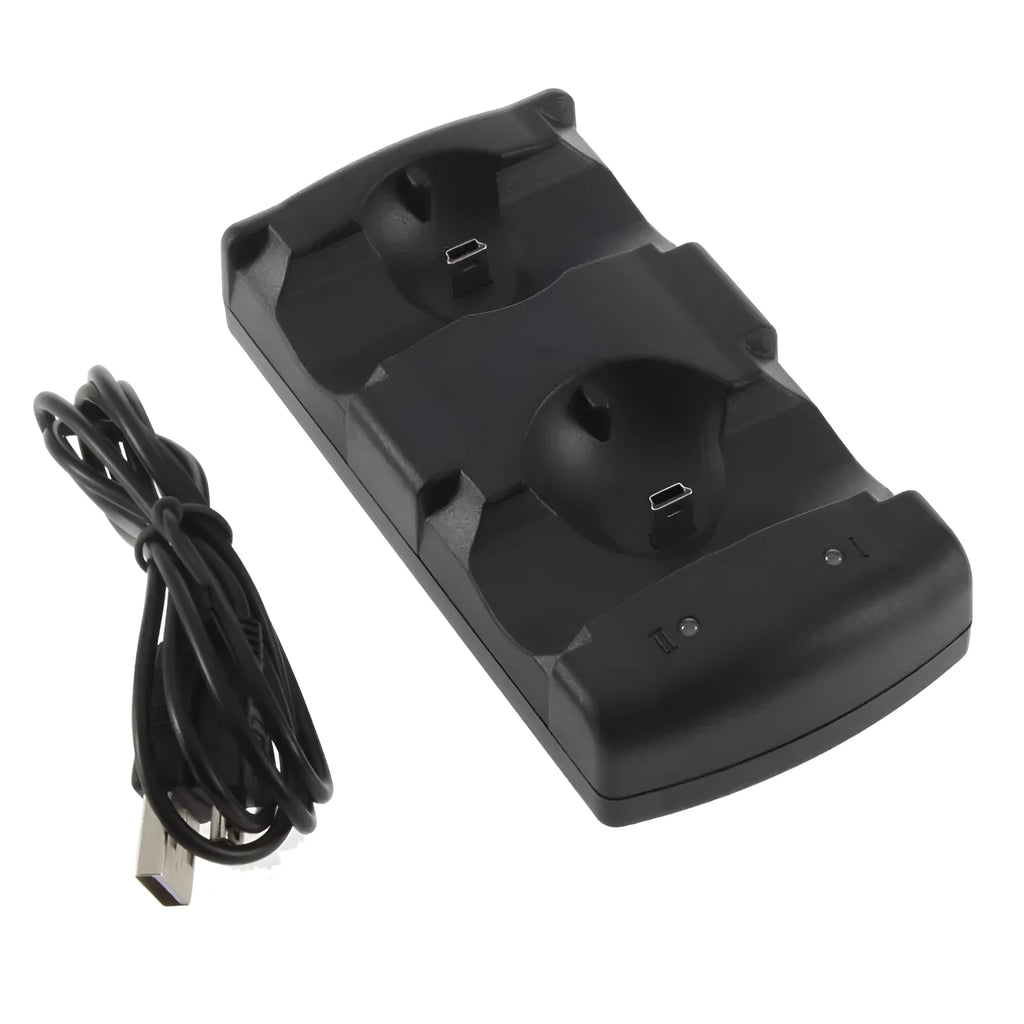 Black PS3 dual controller charging dock station with USB cable, shown charging two wireless controllers.