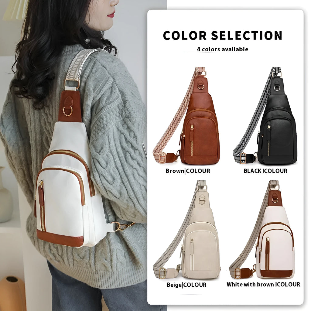 Women's soft PU leather chest bag with crossbody strap and organised interior compartments