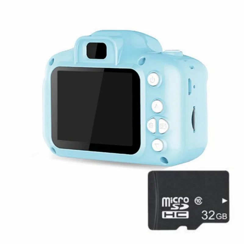 Children's HD digital waterproof camera in blue, showing 2.3 inch LCD screen and compact 80x60mm body